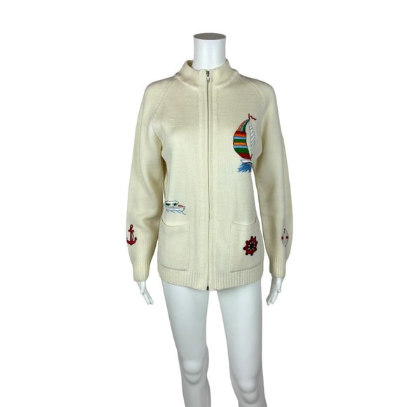Vintage 80s Nautical Sweater Embroidered Sailboat Zip Up Cardigan - Picture 8 of 10